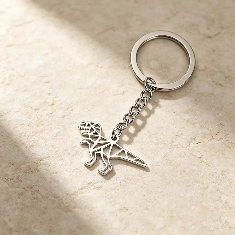 Origami Stainless Steel Dinosaur Pendant Keychain Gothic Animal Keyring Jewelry Cool Girls Schoolbag Keychains Gifts Accessories