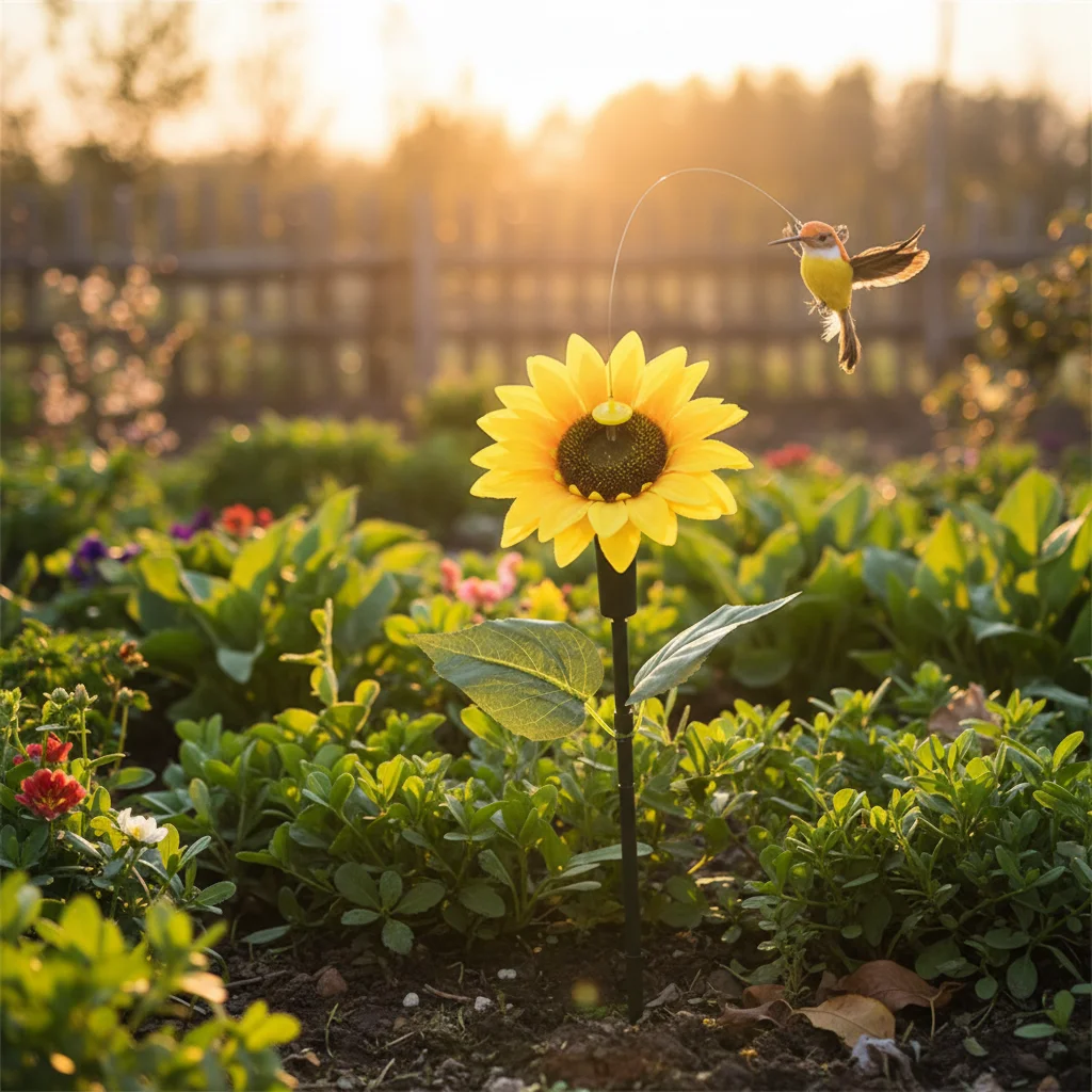 Solar Powered Rotating Sunflower Garden Decor with Butterfly Hummingbird Design for Outdoor Yard Lawn