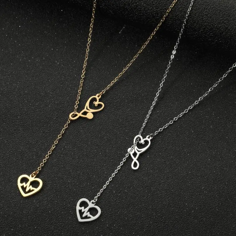 Gold Stethoscope Heartbeat Lariat Necklace, Medical Staff Themed Y-shaped Adjustable Clavicle Chain Jewelry for Women