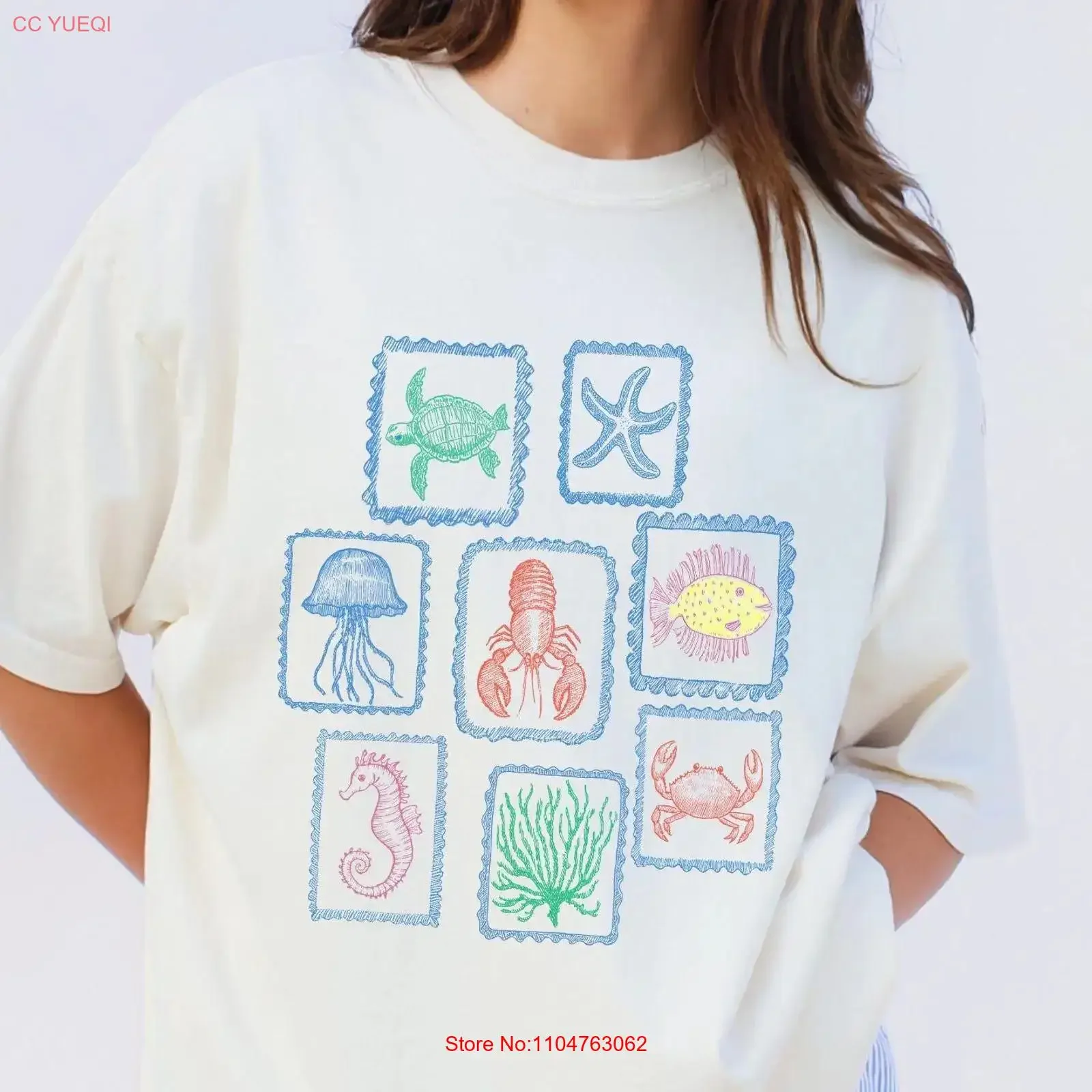 Sea Life Stamps T Shirt Coastal Ocean Animals Beachy Summer Marine Aesthetic Cowgirl vintage Washed homme Slightly Versatile