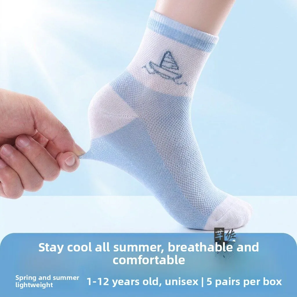 Children's Mid-Calf Socks Thin Breathable Summer Socks for Boys And Girls Anti-Odor Sweat Absorbent Navy Blue Style Home Clothes