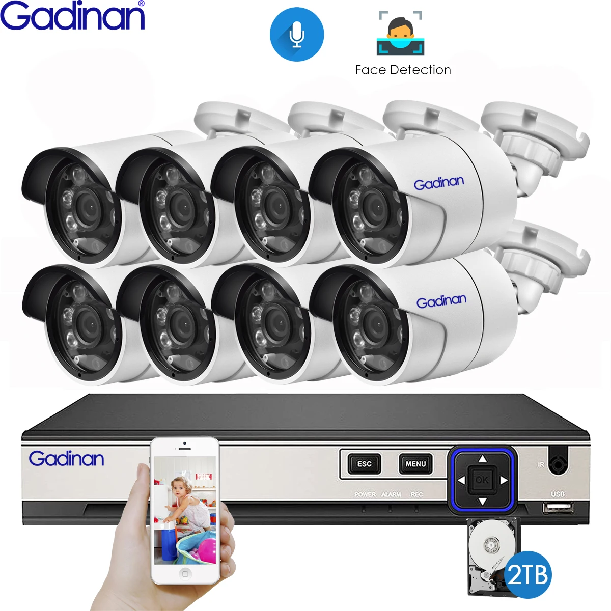 

Gadinan H.265+ 8CH 5MP POE NVR Kit Security Face Detection CCTV System Audio AI 5MP IP Camera Outdoor P2P Video Surveillance Set