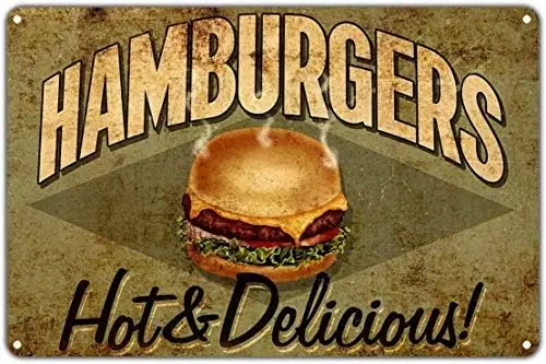 Hamburgers Hot & Delicious Fast Food Restaurant Retro Tin Sign 12x16 Vintage Decor Art