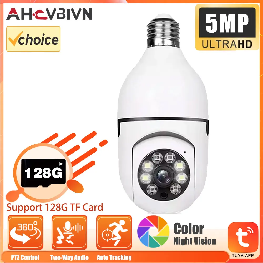 

5MP TUYA Color Night Vision Wireless Wifi Camera Smart Security Camera 360 Rotate Wifi IP PTZ Light Bulb Camera For Outdoor Home