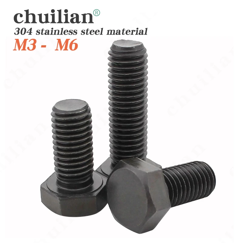 

M3 M4 M5 M6 GB5783 DIN933 Black 304 Stainless Steel External Hex Outside Hexagon Head Cap Screw Bolt Thread Length 6-100mm