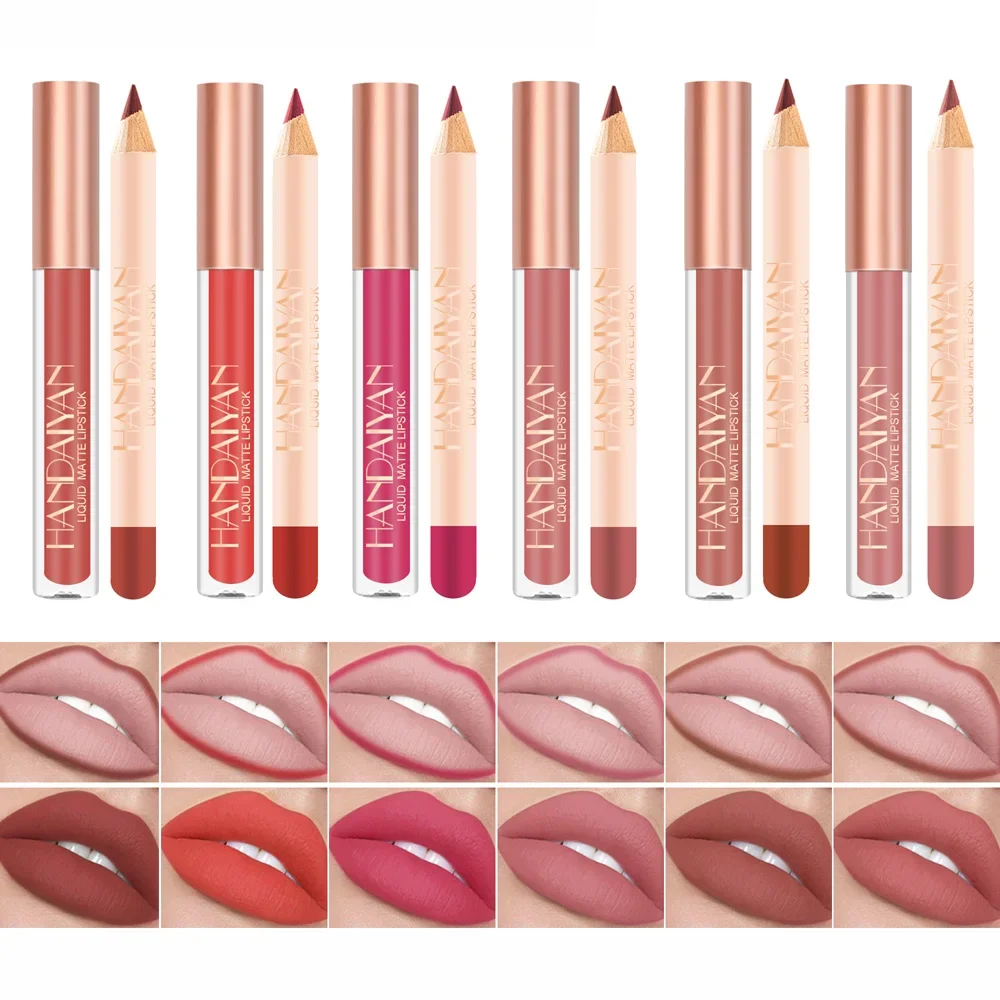 Nieuwe Matte Vloeibare Lippenstift + Lipliner Set Make-Up Nude Fluwelen Lipgloss Waterdichte Langdurige Lipgloss Glazuur Cosmetica Kit