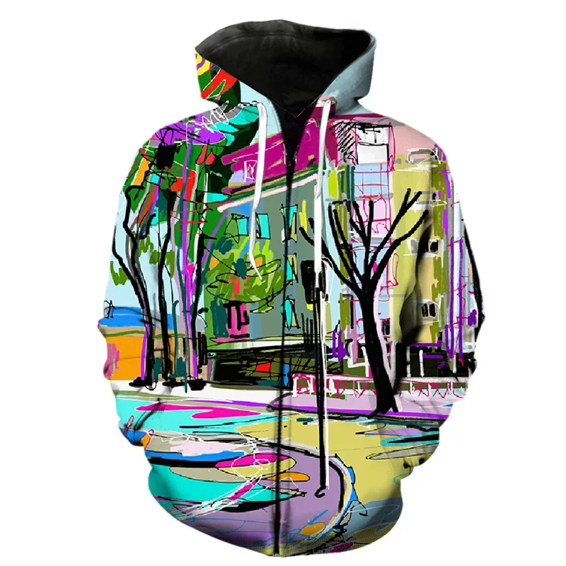 Abstract 3D Printed Art Graffiti Zipper Hoodie For Men Spring Hip Hop Teens Long Sleeve Tops Streetwear Harajuku Sweatshirts