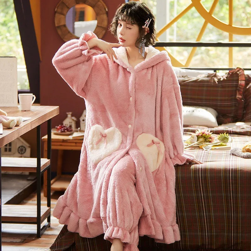 Lovely Nightgowns For Women Winter Thick Flannel Pajamas Set Pink Kawaii Rabbit Ears Pocket Girls Homewear Sleepshirt Nightdress