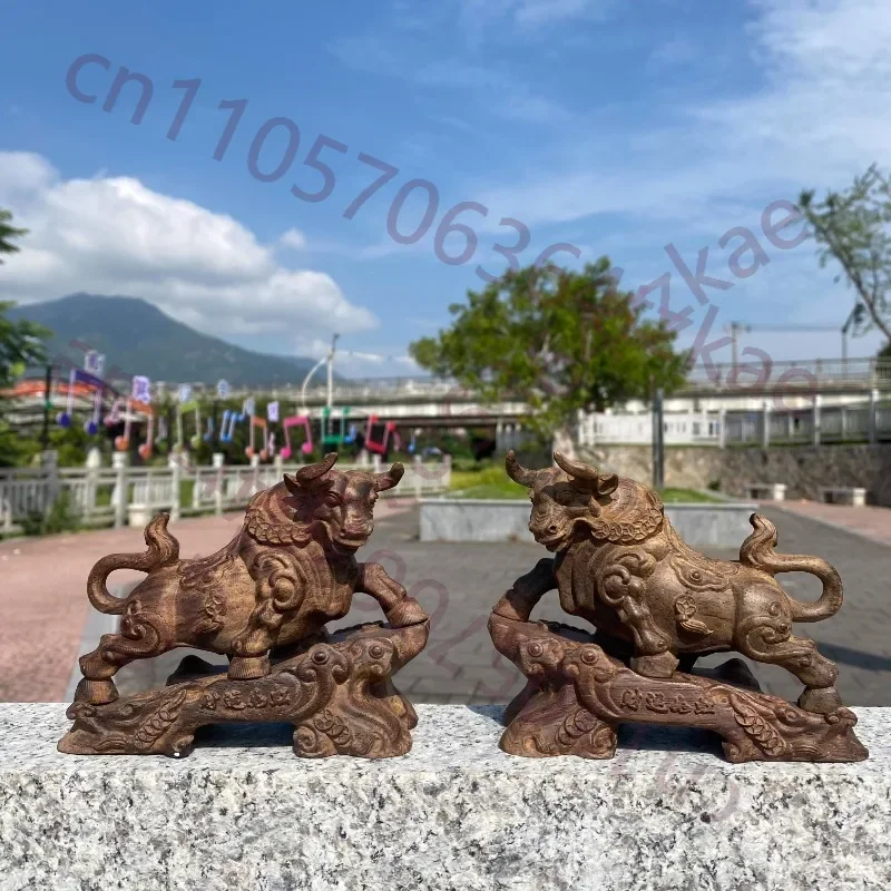 Ox Statue Home Decor, Hand-Carved Wooden Bull Figurine for Office Living Room Desktop Art Ornament Gift, Lucky Business Fortune