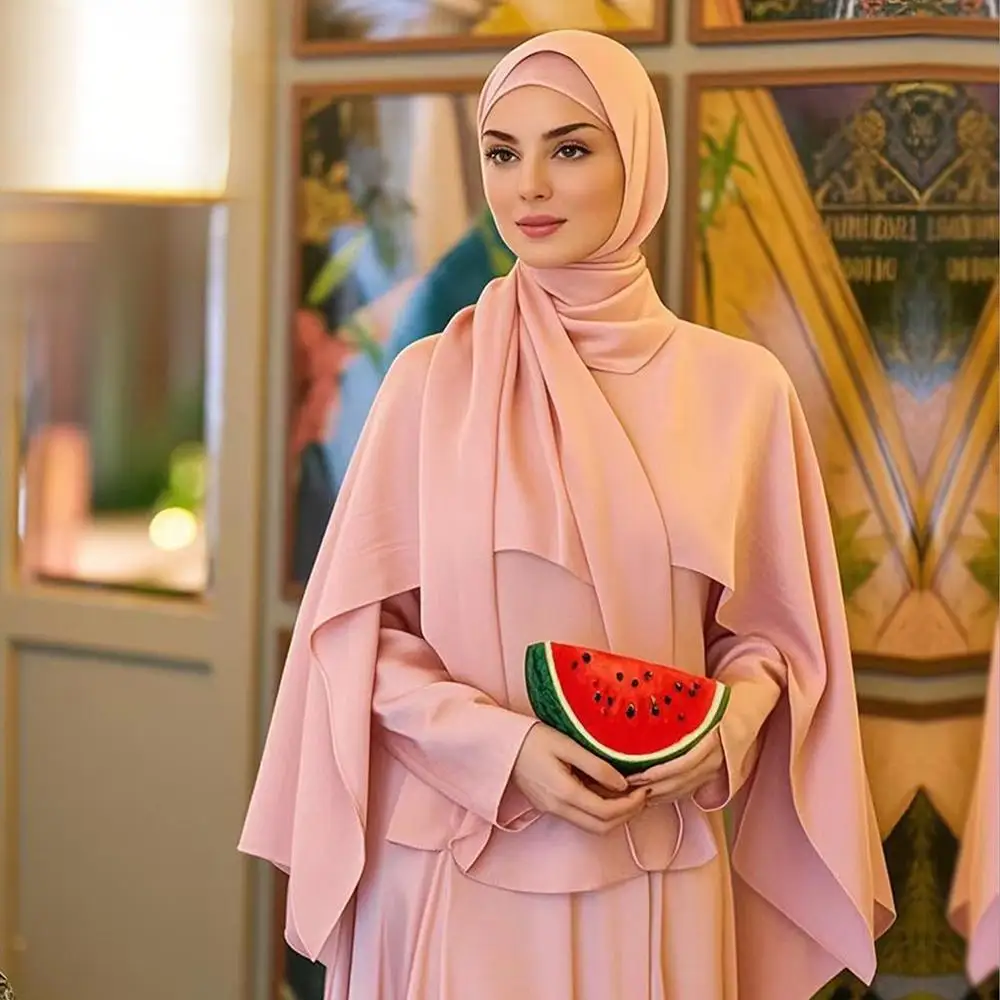 

Wholesale Islamic Women Solid Color Cloak Abaya 2 Pieces Set Muslim Luxury Slim Waist Long Dress with Belt muslim sets
