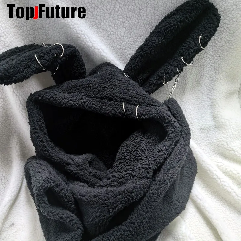 Women Harajuku Y2K Girls Long Rabbit Ear Hat Gothic Chain Beanie Hat Winter Warm Hooded Scarf Streetwear Bunny Ear Hats Scarves