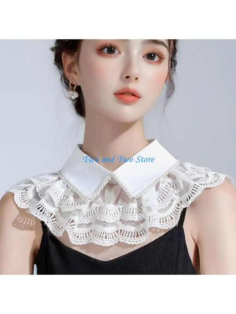 HX6F Classical Detachable Collar Lace Embellished Neckline Accent For Formal Event