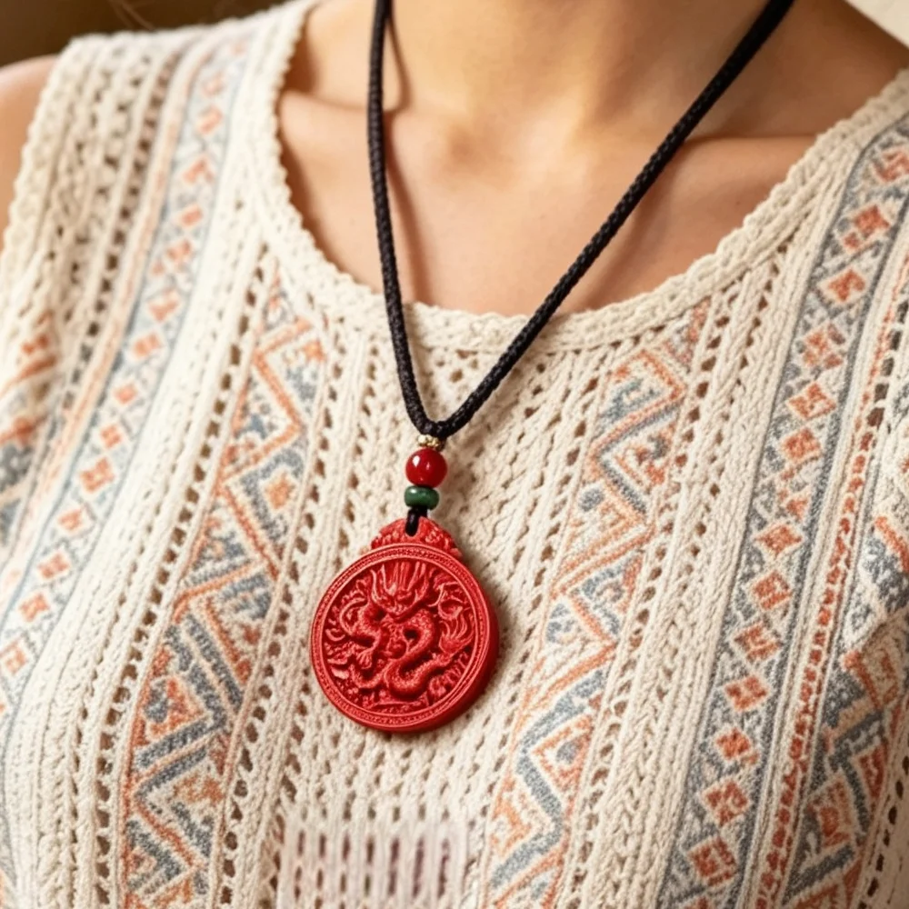 Lucky Red Cinnabar Dragon Pendant Necklace – Round Amulet with Carved Dragon Motif, A Symbol of Protection & Prosperity