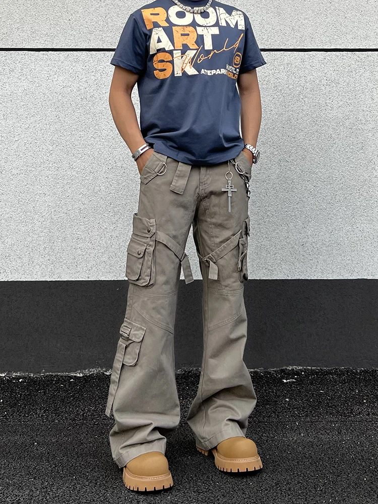 

Loose Straight Leg Denim Pants Men's High Street Vibe Belted Wide Leg Workwear Trousers Retro American Sle for Youth