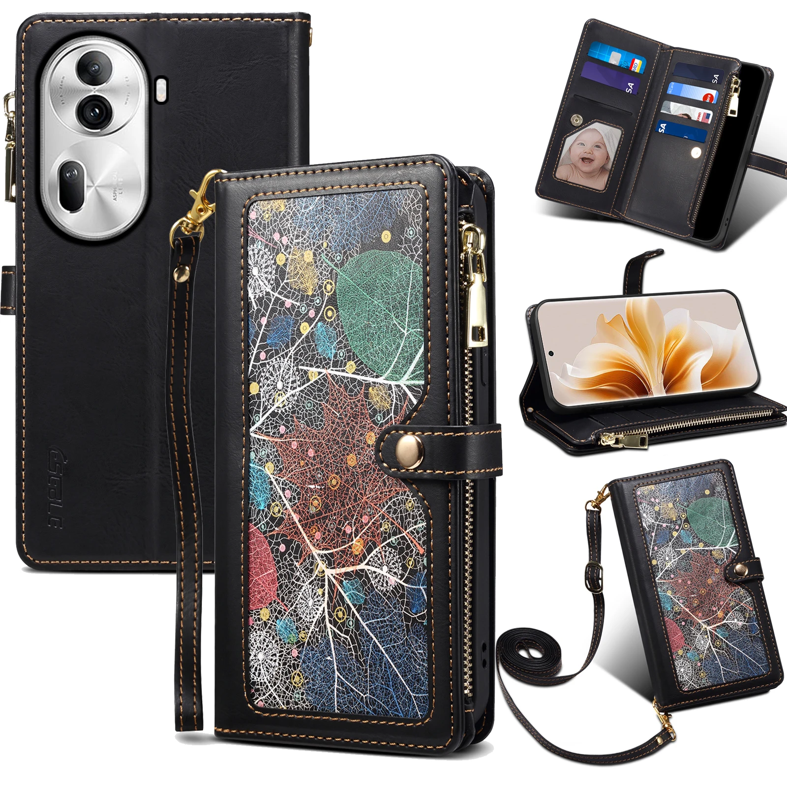 

Flower pattern Leather Flip Case For OPPO Reno 11 Pro Reno11Pro 5G Wallet Card Slot Holder Mobile Phone Cover With Free Rope