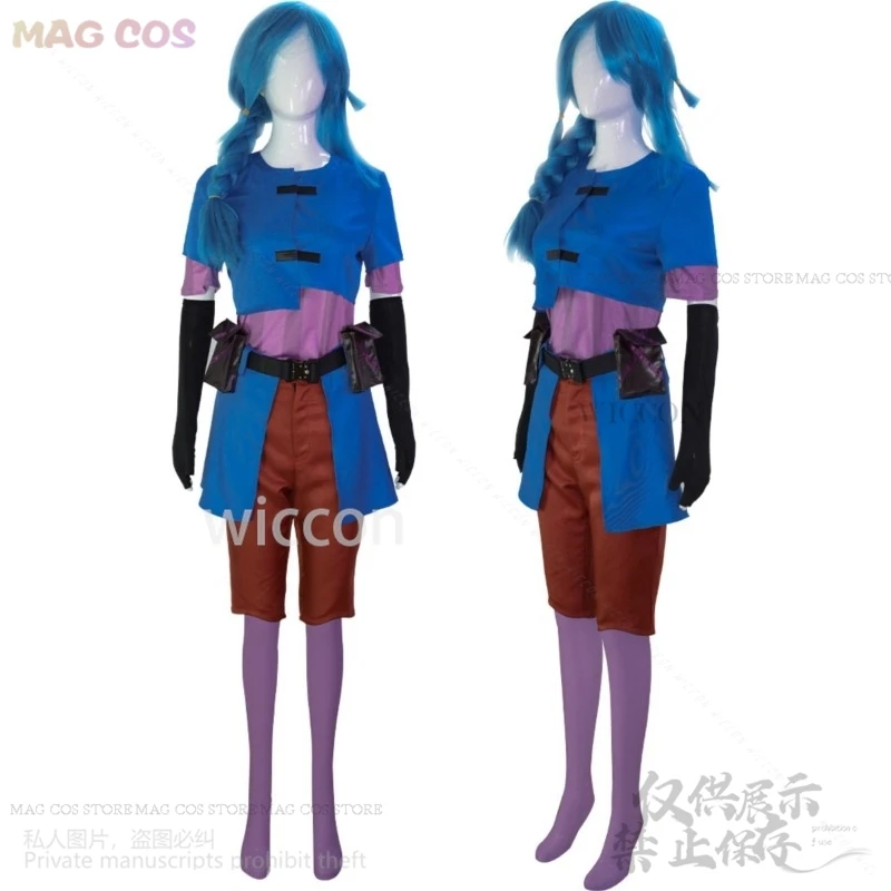 Anime Game LOL Arcane Powder Cosplay Jinx Junior Childhood Costume Uniform Coat Pants Blue Wigs Headwear For Girls Customized