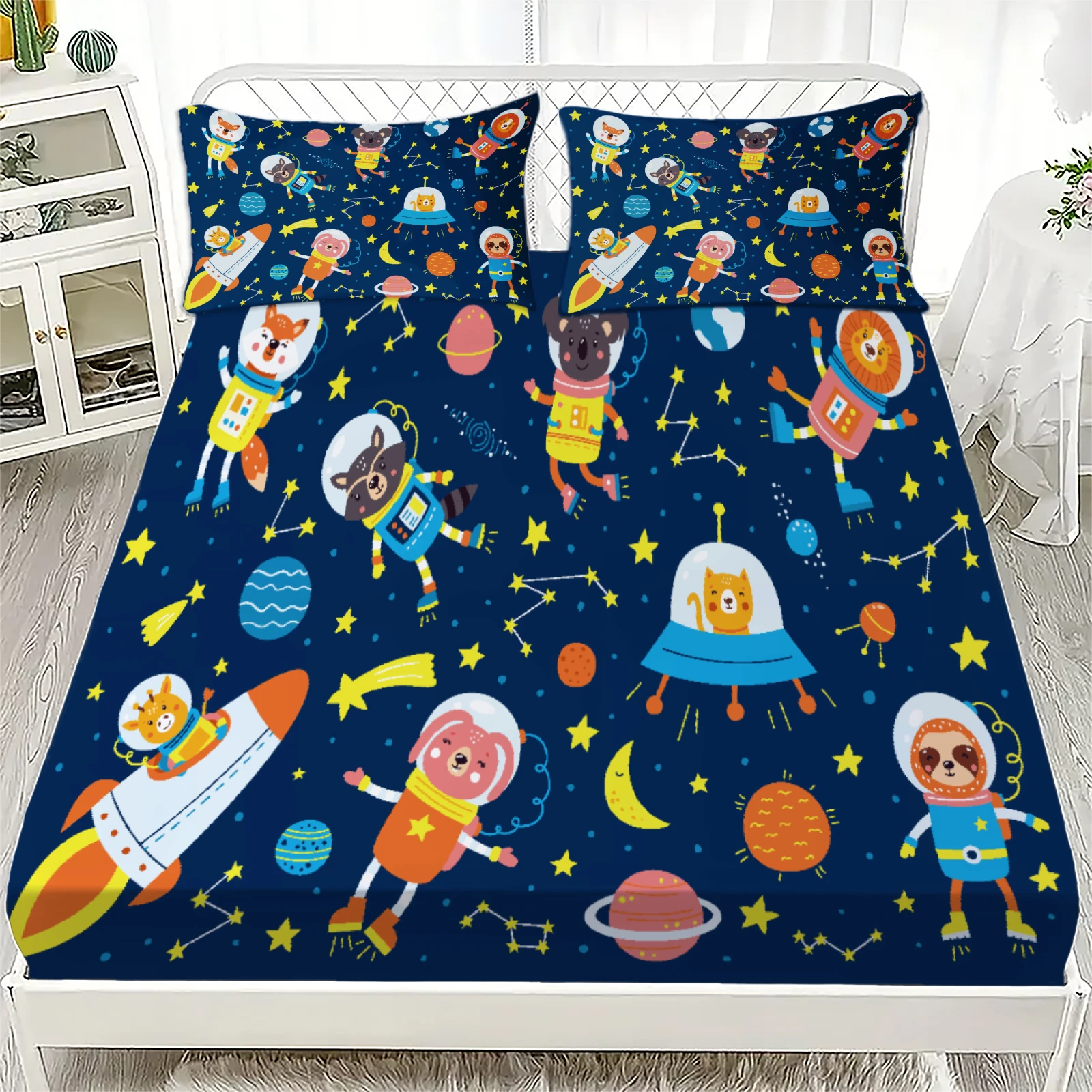3pcs Playful Fitted Sheet Set For Kids Boys Cartoon Style Space Animals Rockets Planets Stars Printed 100% Polyester Bed Sheet