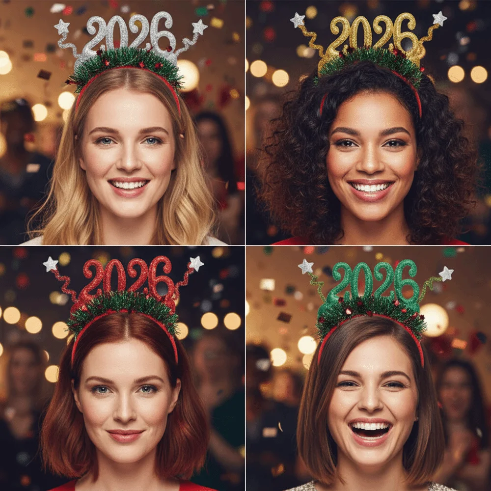 

Sequin 2026 Happy New Year Headband Sweet Creative Star Strip Headwear Photo Prop Cute Christmas Headpiece Party Decoration