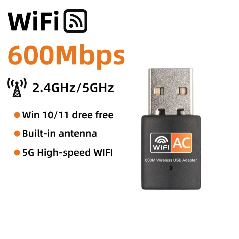 600Mbps USB Wireless Network Card Dual Band 2.4G/5GHz WiFi Adapter Dongle Built-in Antenna Driver Free Suitable for PC/Loptop