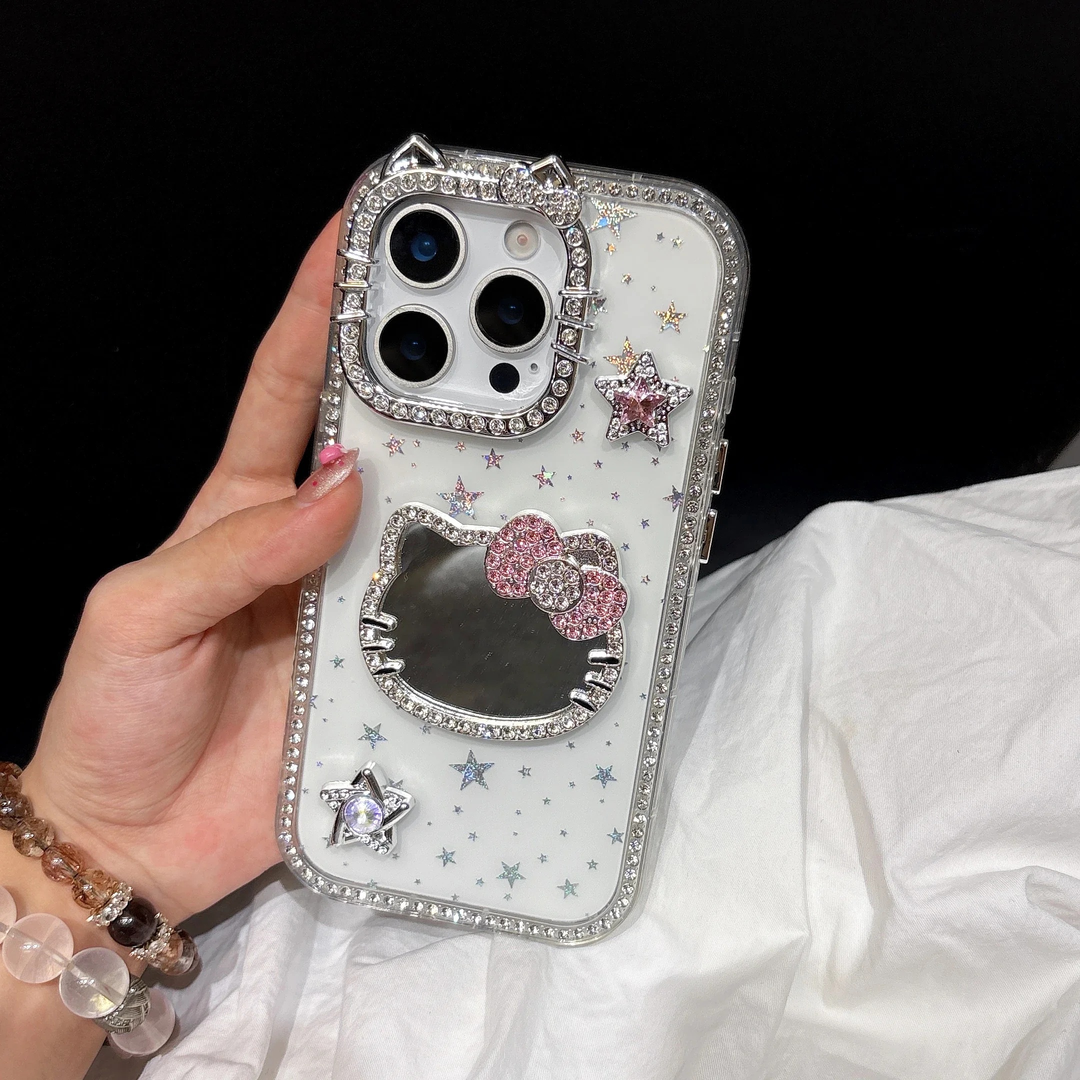 Makeup Mirror Bling Glitter Stars Phone Case For iPhone 16 15 14 13 12 Pro Max 3D Cute Sanrio Hello Kitty Shockproof Hard Cover