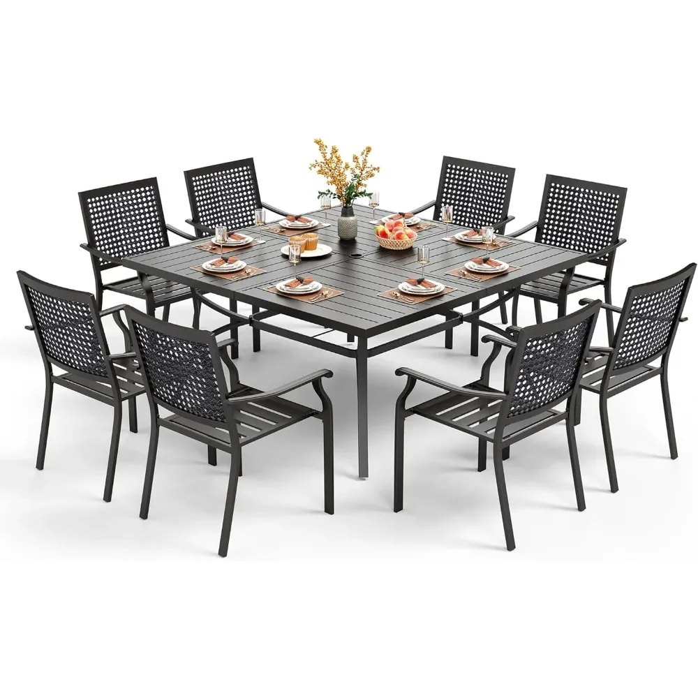 

9 Pieces Patio Dining Table Set for 8, 60”Dining Table & Stackable Dining Chairs, Large Dining Furniture Set for Outdoor Deck