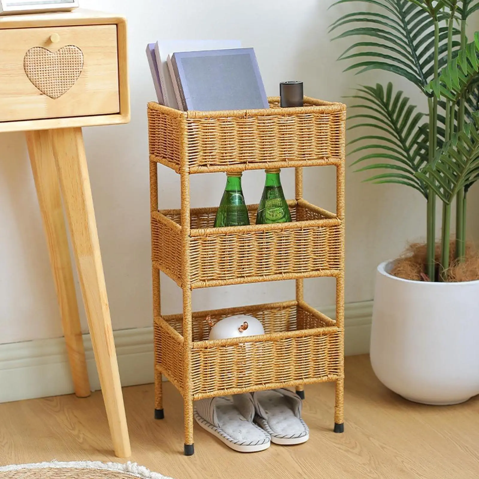 Three Layered Imitation Rattan Basket Rack Utensils Rack for Living Room