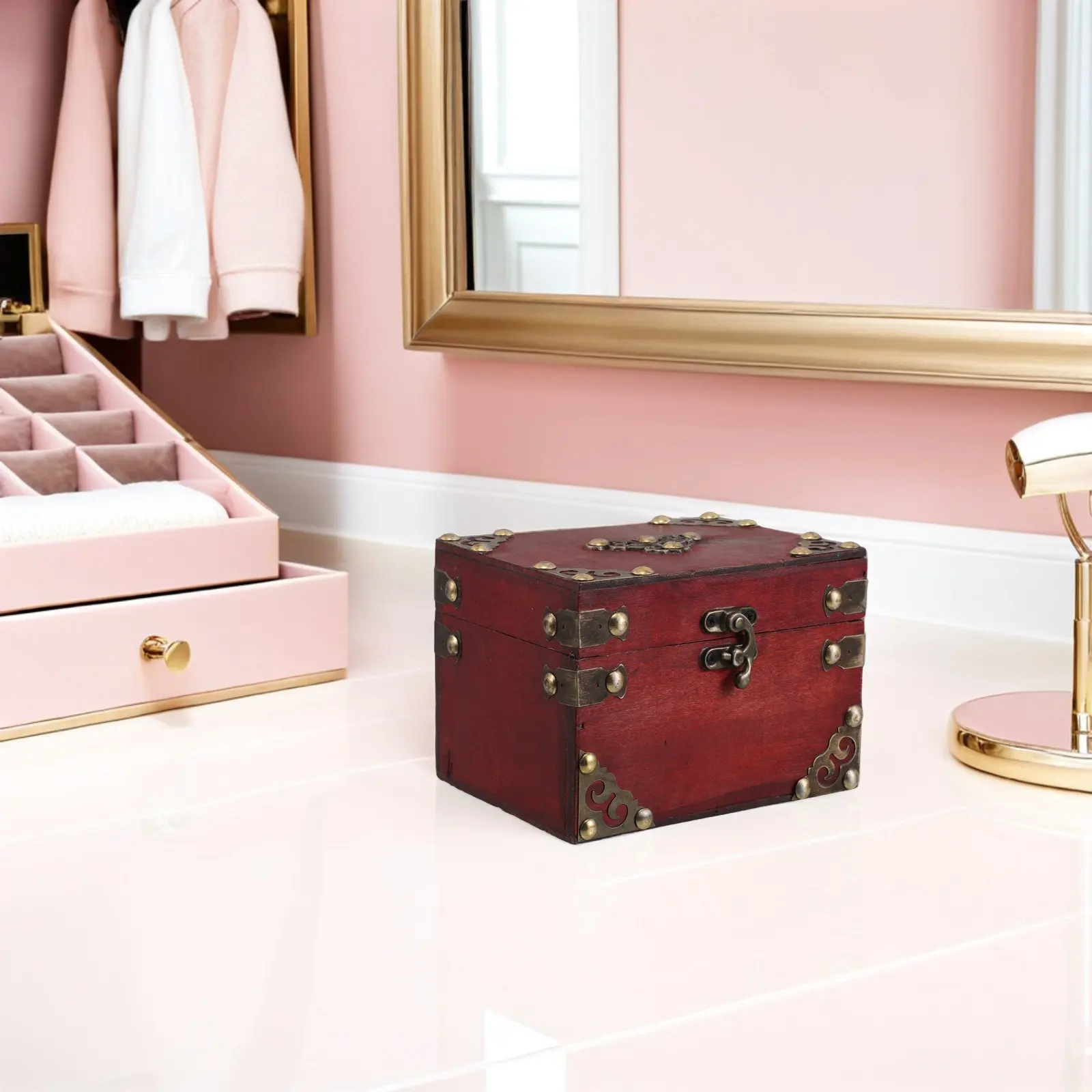 Wooden Jewelry Box Vintage Style Treasure Chest Lockable Storage Organizer 5.8x4.33x4.1 Red Retro Decorative Keepsake Container