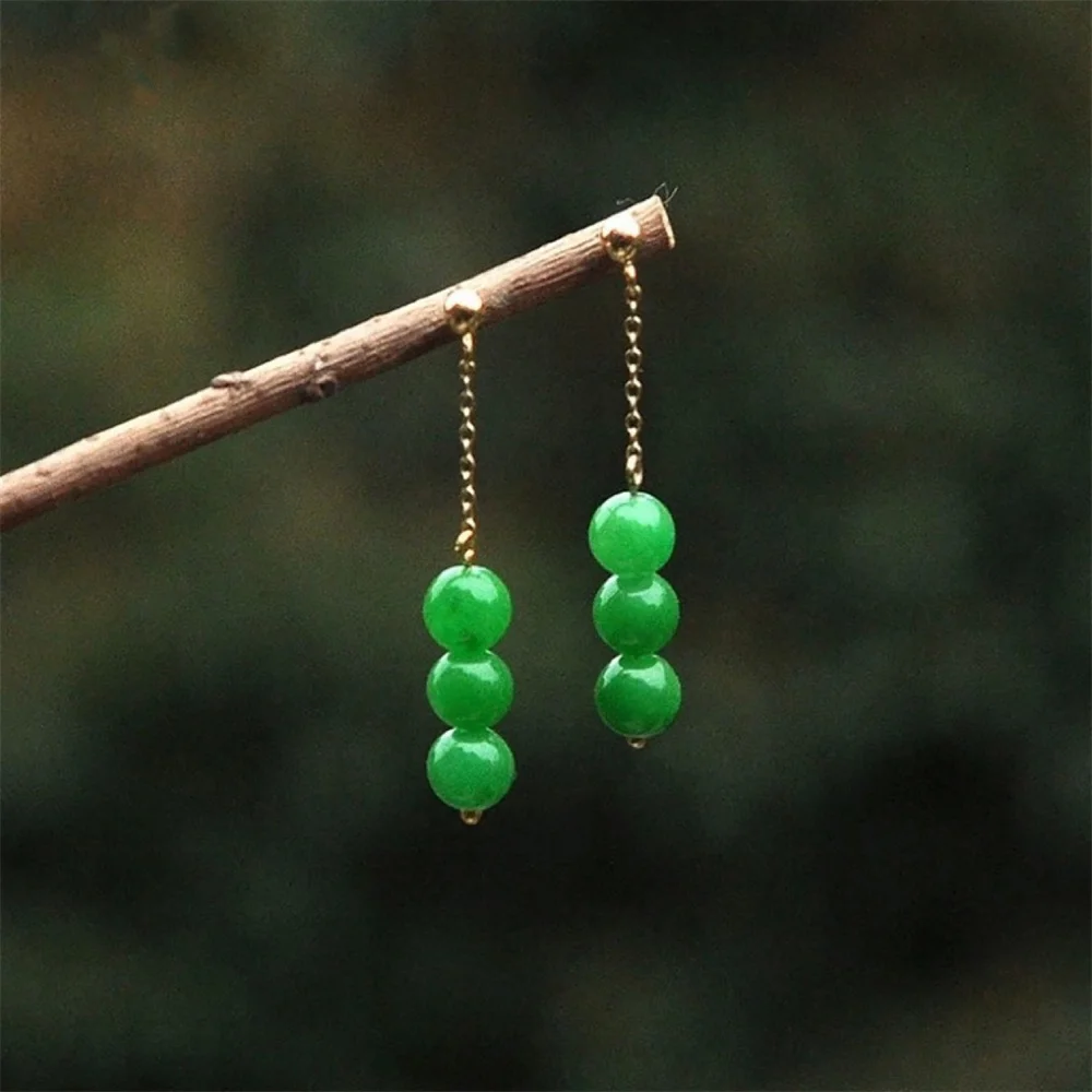 Retro Green Jade Beads Emerald Drop Dangle Earring for Woman Trendy Jade Chain Hanging Stub Earrings Vintage Girl's Gift Jewelry