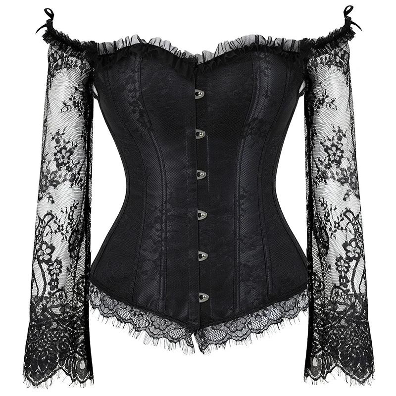

Women Corset Top Off Shoulder Floral Lace up Bustiers Vintage Victorian Sexy Overbust Long Sleeve Corsets Burlesque Costumes