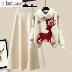 Autumn Set for Women 2024 New Plus Size Outfit Knitted Sweater for Slimming and Versatile Half Skirt Two-piece Christmas Outfit