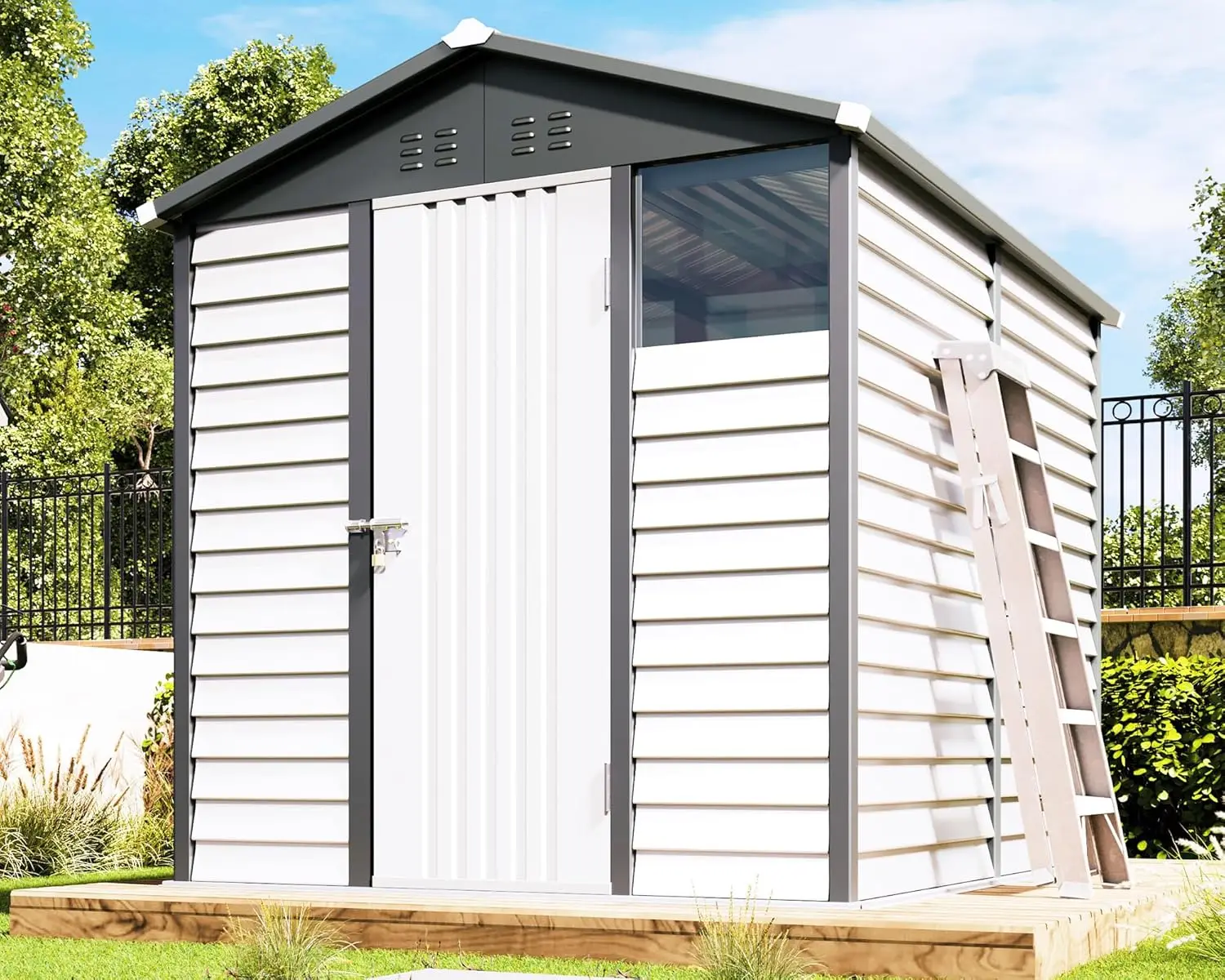 6.4x9x7 FT Outdoor Storage Shed, Blinds Design Metal Shed with Clear Window Hinged Door, Outdoor Shed for Backyard