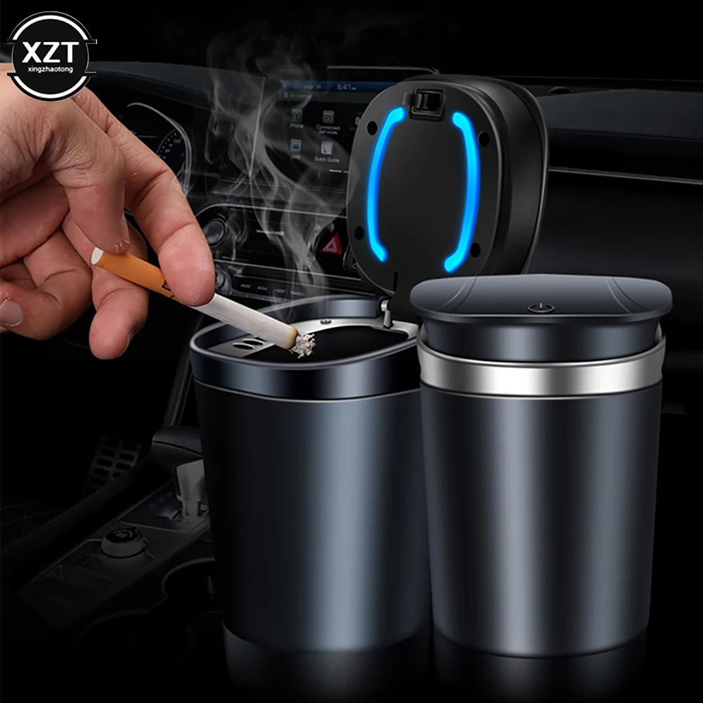 Cenicero automático portátil para coche, Cenicero multifunción con tapa abierta de un botón, LED, ahumada, soportes para cenizas de cigarrillos