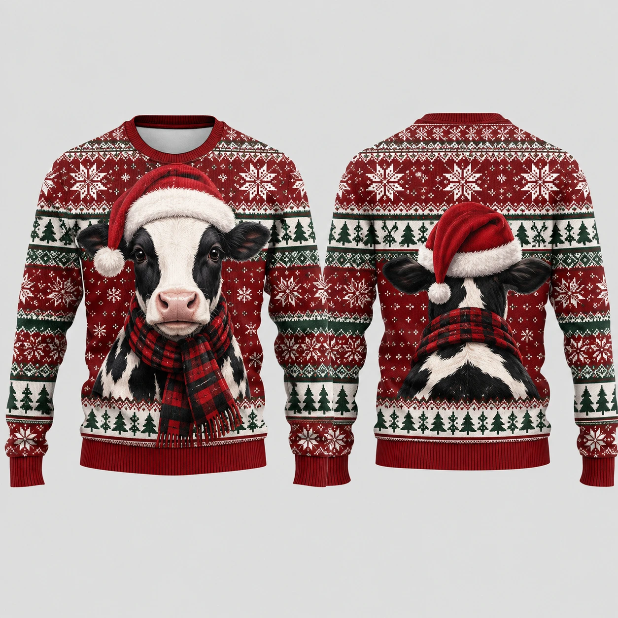 3D Printing Xmas - เสื้อสเวตเตอร์คริสต์มาสพิมพ์ลาย 3D ลายวัวในฟาร์มพร้อมหมวกซานต้า ลายพิมพ์ตลก แฟชั่นฤดูหนาว แขนยาว
