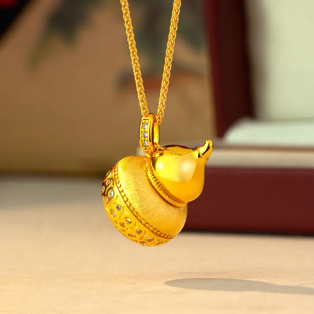 Brushed and diamond-encrustled fat gourd pendant women retro Chinese style Fu Lu necklace 9999gold