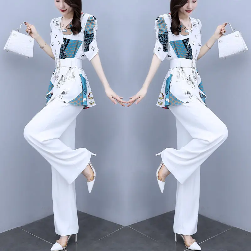 Korean Kpop Summer New Elegant Women's Pants Set Belt Decoration Stitching Casual T-shirt Wide Leg Trousers Two-piece Set