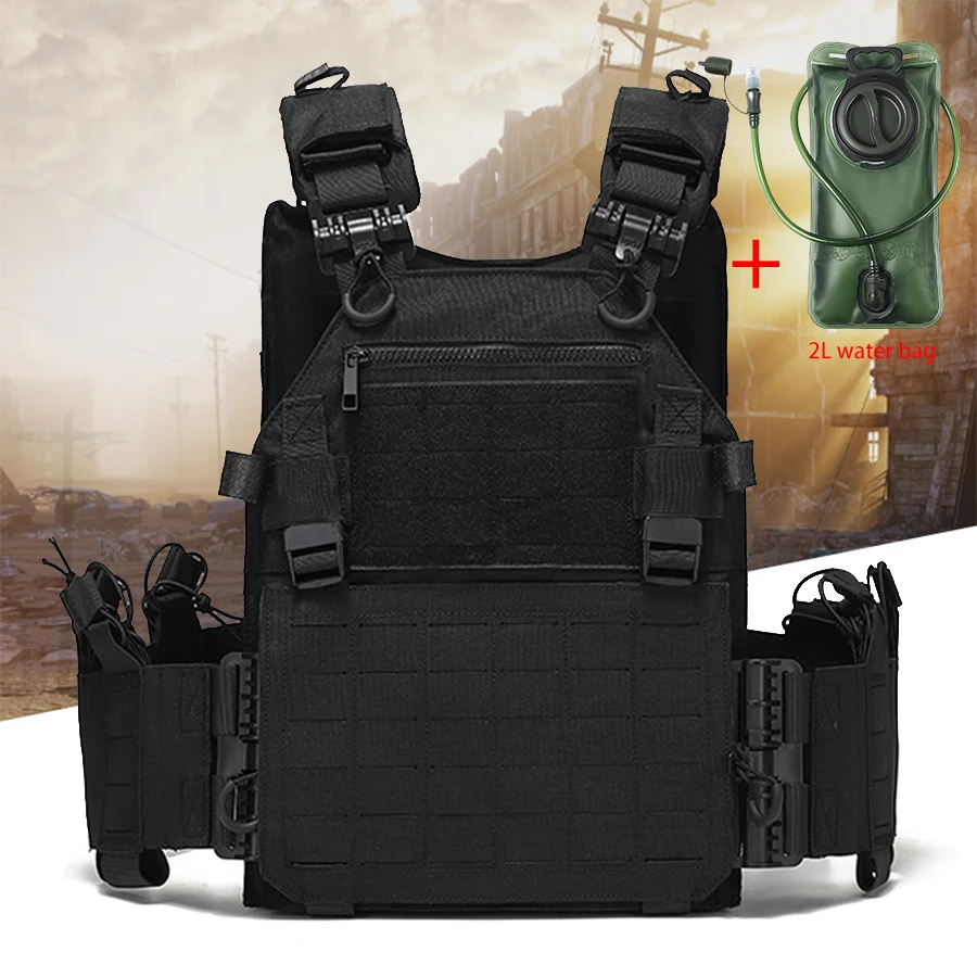 

Lightweight outdoor adventure vest with adjustable shoulder straps, multiple pockets for storage, and 2L water bag
