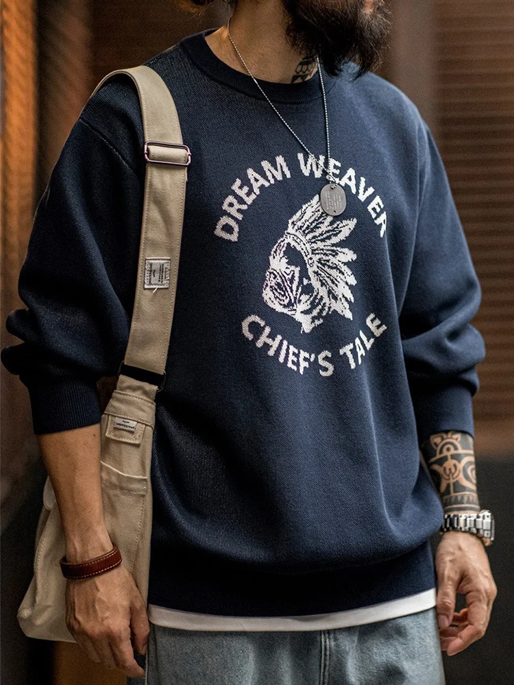 

Maden American Retro Color Blo Linen Letter Print Men's Knitted Sweater round Ne Pullover Autumn Season Casual Sle