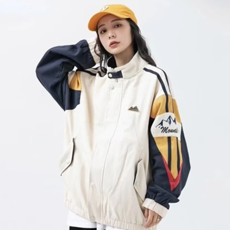 

New American Stand Collar Coat Men‘sAutumn Harajuku Colorful Punching Jacket Unisex Loose Patchwork Baseball Uniform Streetwear