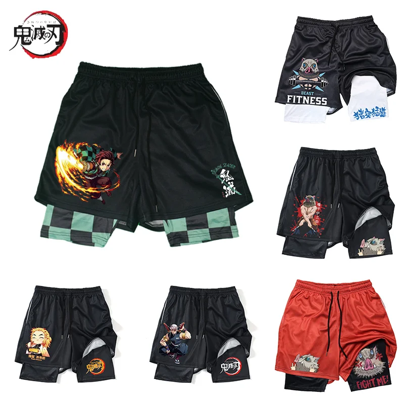 Demon Slayer Hashibira Inosuke Sport Shorts Men 2 in 1 Jogging Running Shorts Anime Cosplay Breathable Casual Beach Shorts Gift