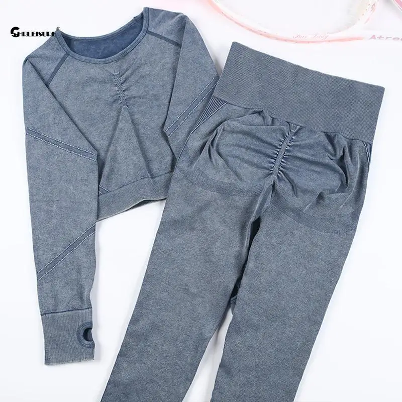 CHRLEISURE 2PCS Wash Yoga Suit Seamless Workout Outfit Sports Top with Butt Lifting Gym Ruched Tights Elastic Activewear