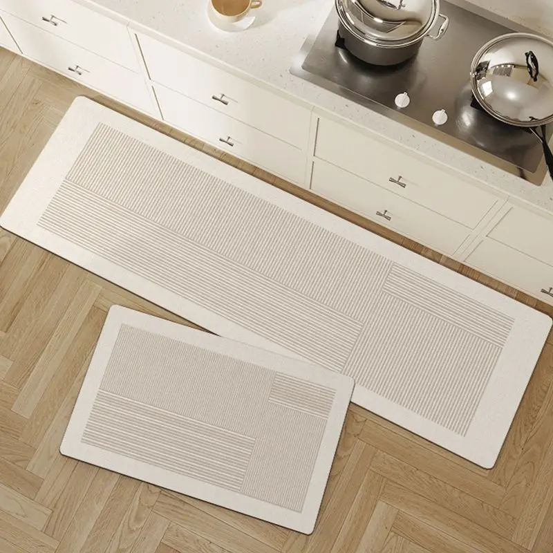 VIKAMA Non Slip Washable Kitchen Rug Striped Beige Floor Mat Anti Fatigue Soft Cozy Mat For Standing Cooking Home Decor