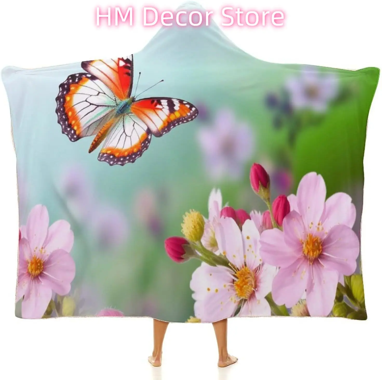 Spring Butterfly And Flower Wearable Hooded Blanket, Ultra Soft Arctic Velvet Cape Cloak Unisex - Cozy Wearable Blanket