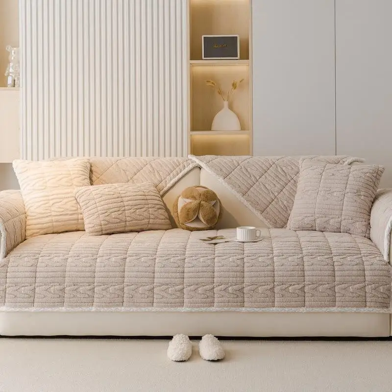 2024 New Plush Sofa Cushion Thickened Autumn Winter Style Anti-Slip Simple Modern Warm European Style Sofa Cover