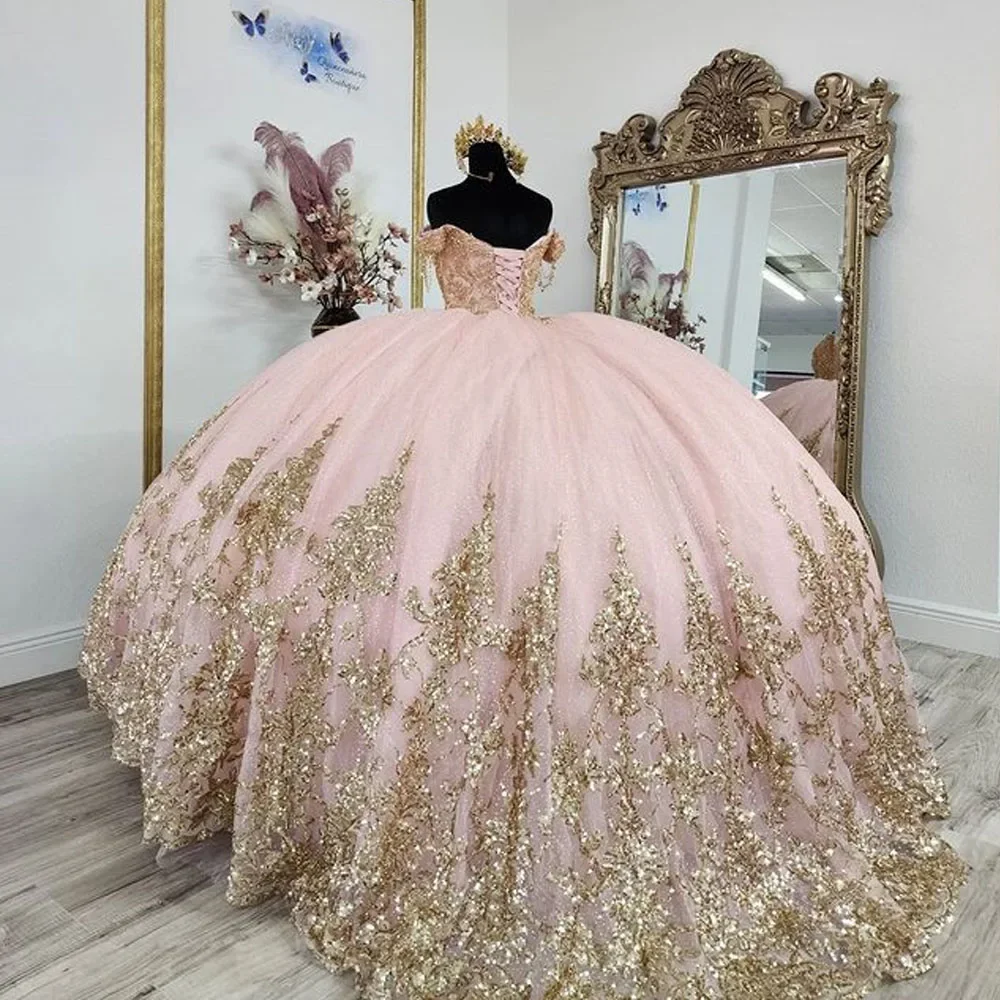 Angelsbridep Shiny Pink Quinceanera Dresses Off Shoulder Gillter Gold Lace Applique Corset Vestidos De 15 Anos Corset Birthday