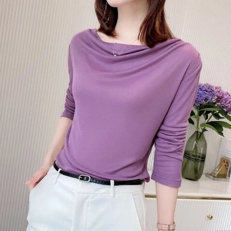 Elegant Fashion Women\'s Pile Collar Solid Color T-shirt Autumn Winter Female Clothing All-match Basic Long Sleeve Pullovers Tops