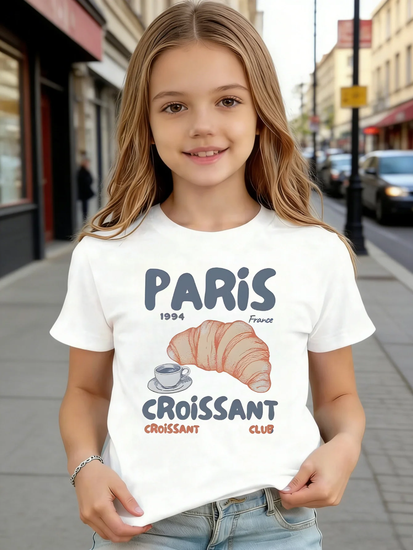 Paris Croissant Club Kids Food Letter Graphic Print Boys Girls Family Matching Cotton Summer Short Sleeve Basic Children Tshirt