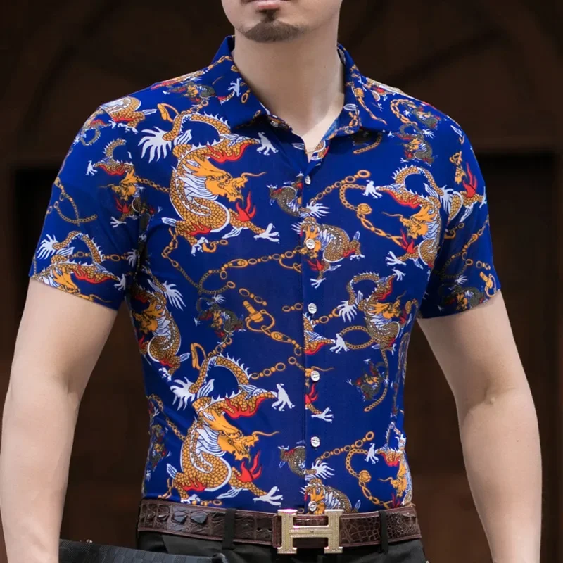 New Summer Men\'s Flower Animal Pattern Short sleeved Shirt Top