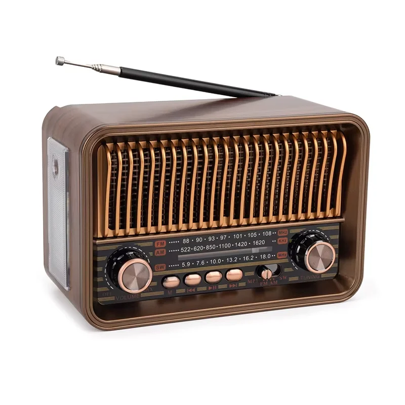 

R-29BT Retro Multi Band Wooden Rechargeable Radio with Wireless Link Usb Mp3 Player Function Torch Light Hand Strap Strap
