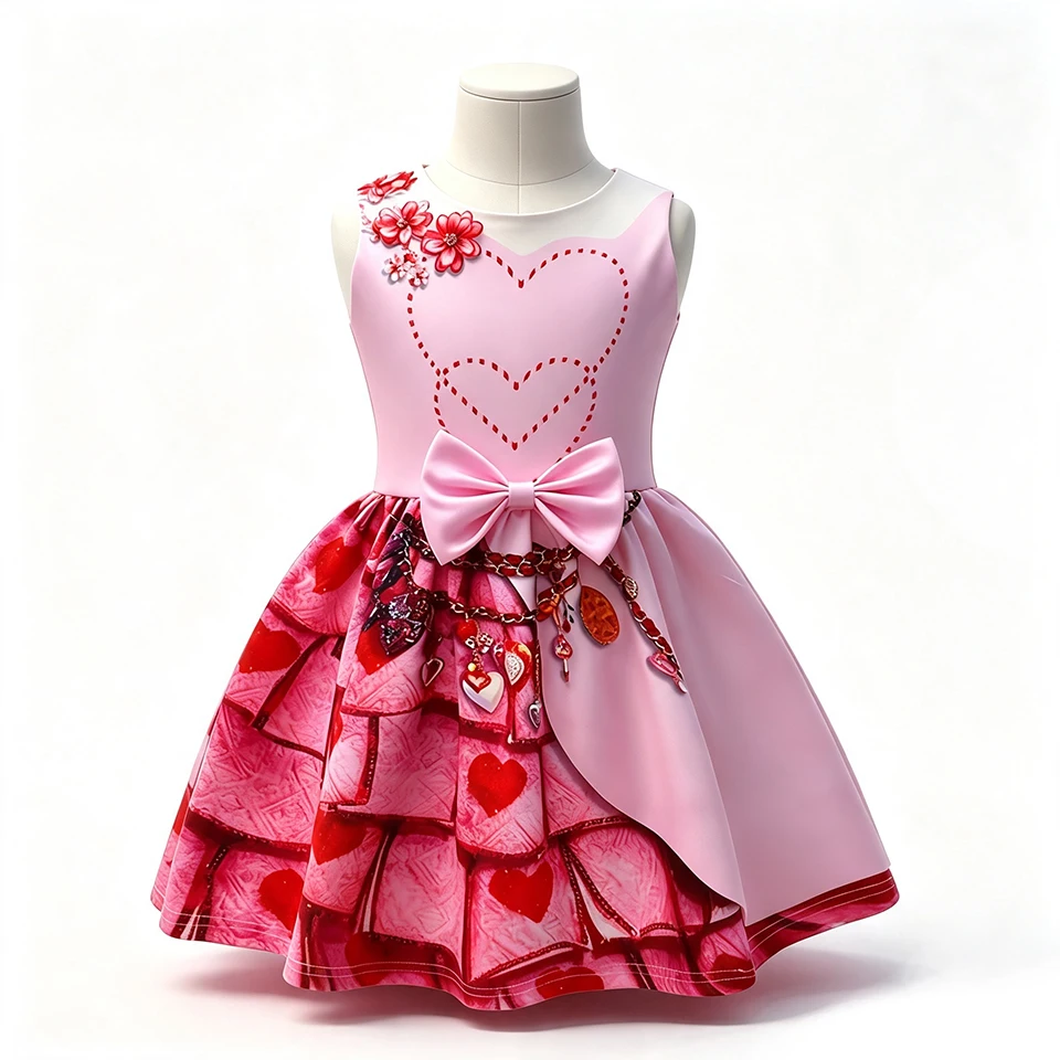 Elegant Kids Descendants Pink Heart Princess Dress for Girls Halloween Cosplay Carnival Party Performance Children's Costume
