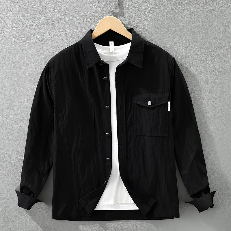 Tren pakaian kerja Jepang musim semi dan musim gugur kemeja lengan panjang warna solid atasan longgar kasual artistik serbaguna modis pria